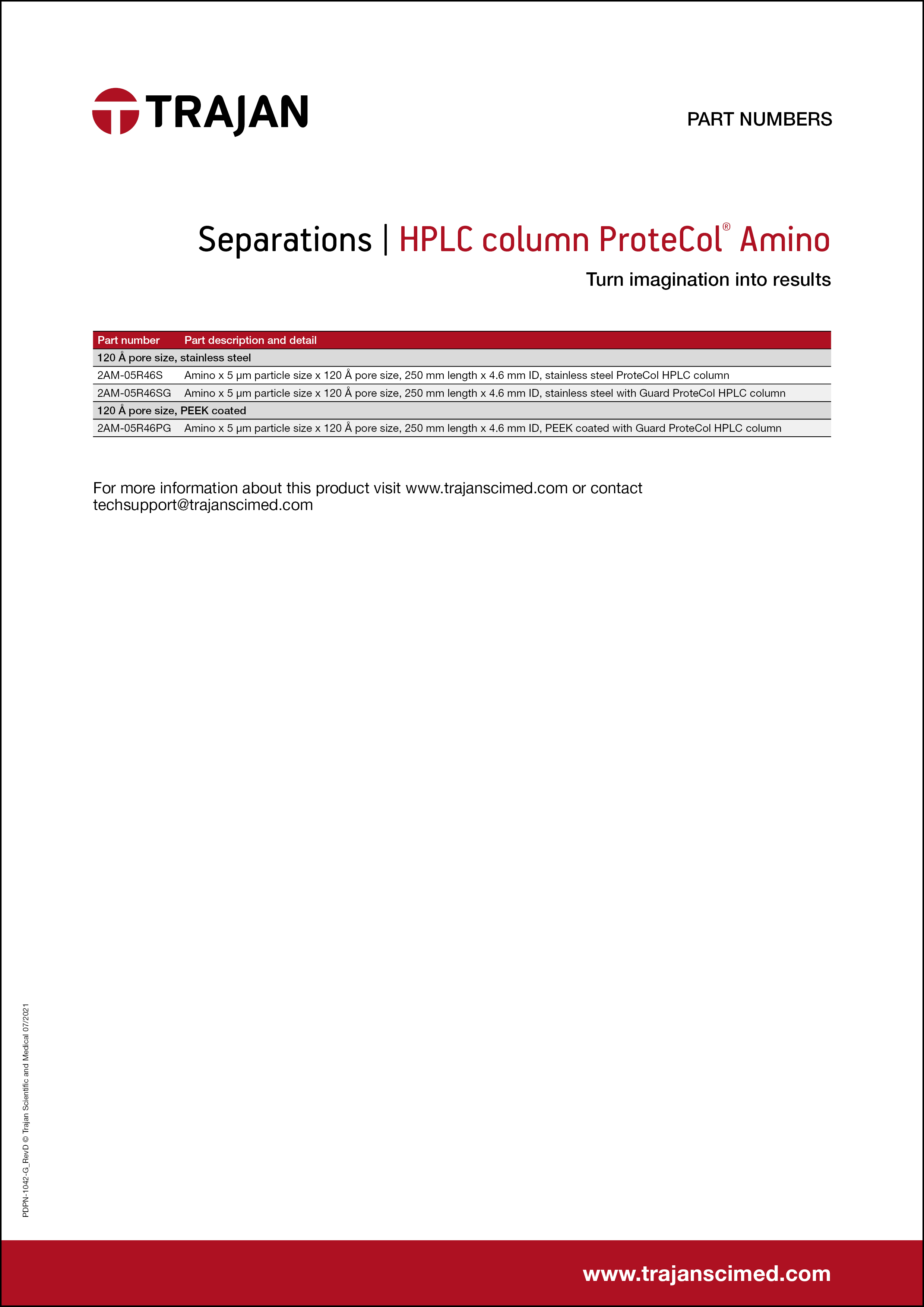 Part Number List - Amino ProteCol® HPLC columns