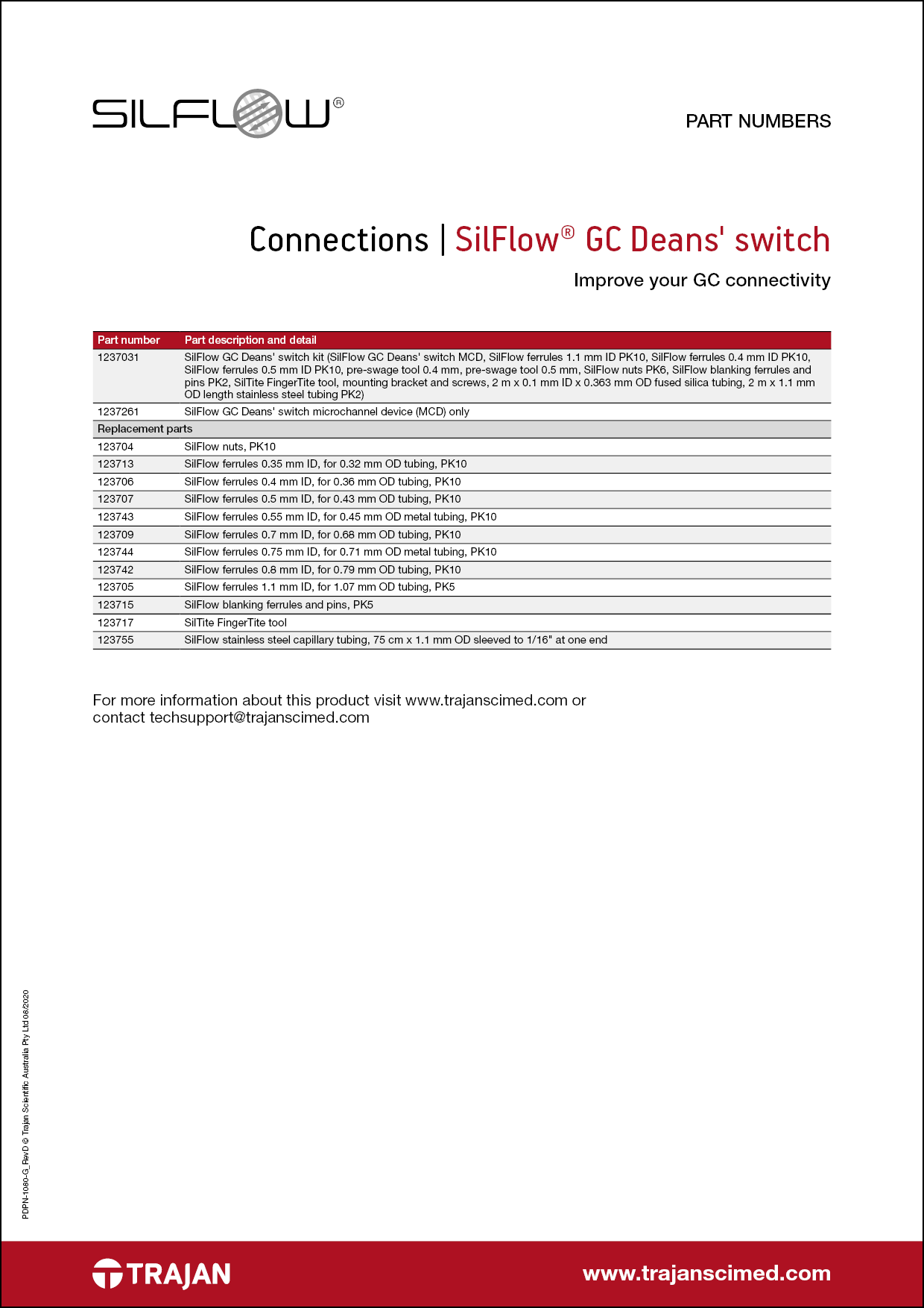 Part Number List - SilFlow® GC Deans' switch