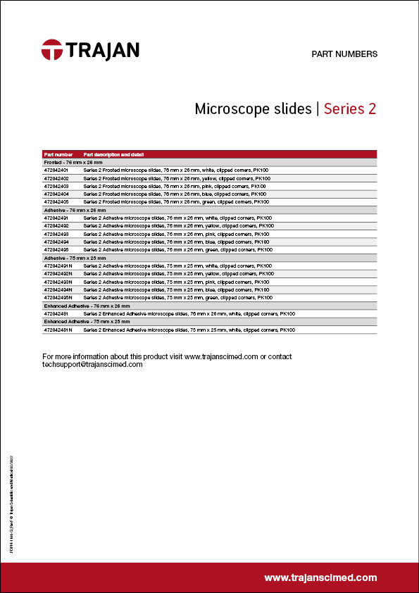 Part Number List - Series 2 microscope slides