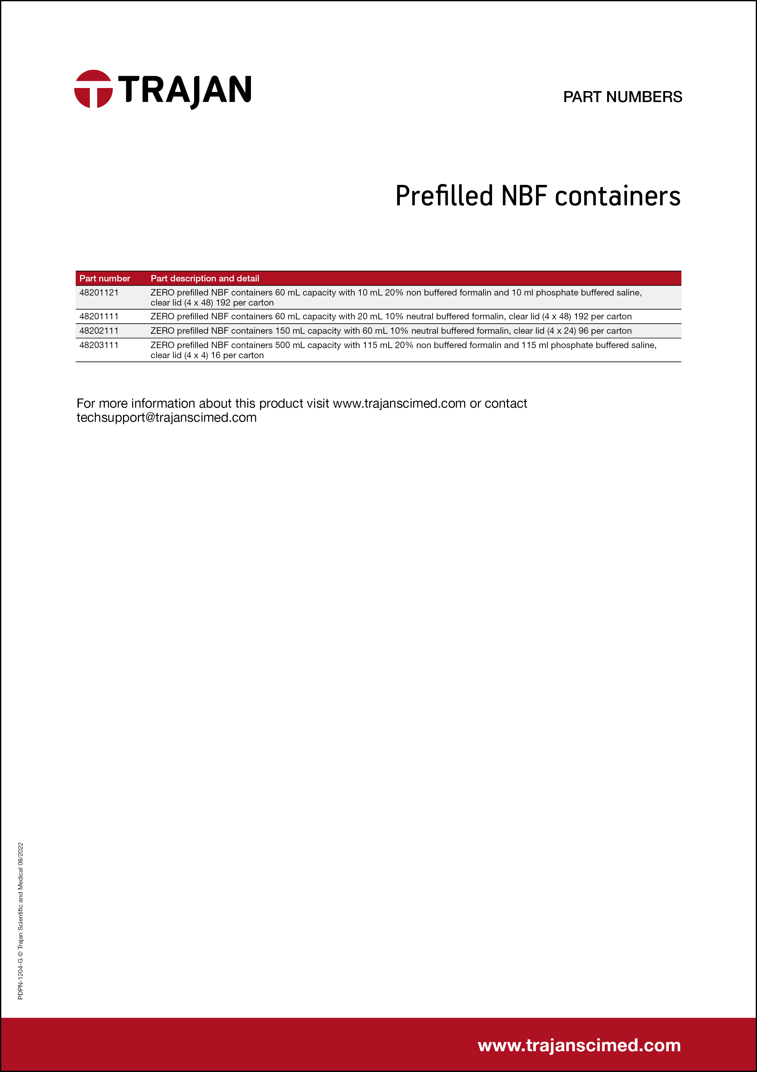 Part Number List - Prefilled NBF containers