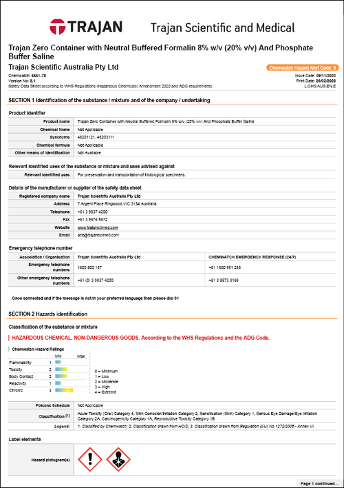 Safety Data Sheet - Trajan Zero Container with Neutral Buffered Formal