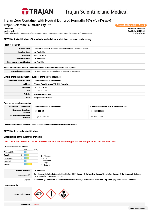 Safety Data Sheet - Trajan Zero Container with Neutral Buffered Formalin 10% v/v (4% w/v) (Australia)